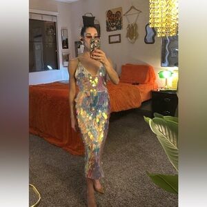 Vintage Handmade Sequin Mesh Dress Holographic Disco Festival Slip 70s Small